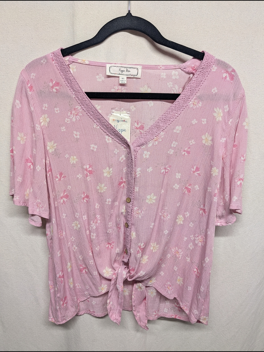 Hippie Rose Pink Floral Tie-Front Blouse